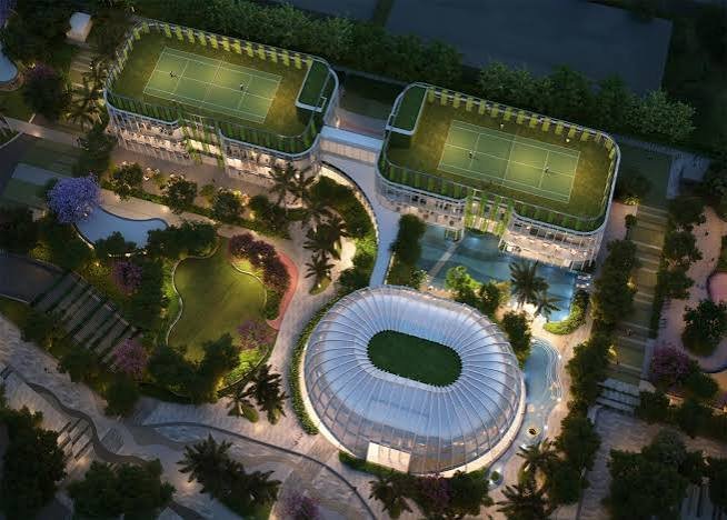 Sports courts and clubhouse, aerial view of Indiabulls Sector 104